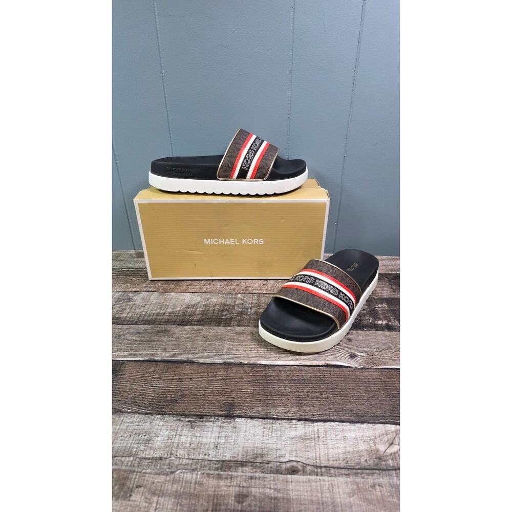 Women MK Michael Kors Tyra Slide Sandals Mini MK Logo Brown Multi 8M